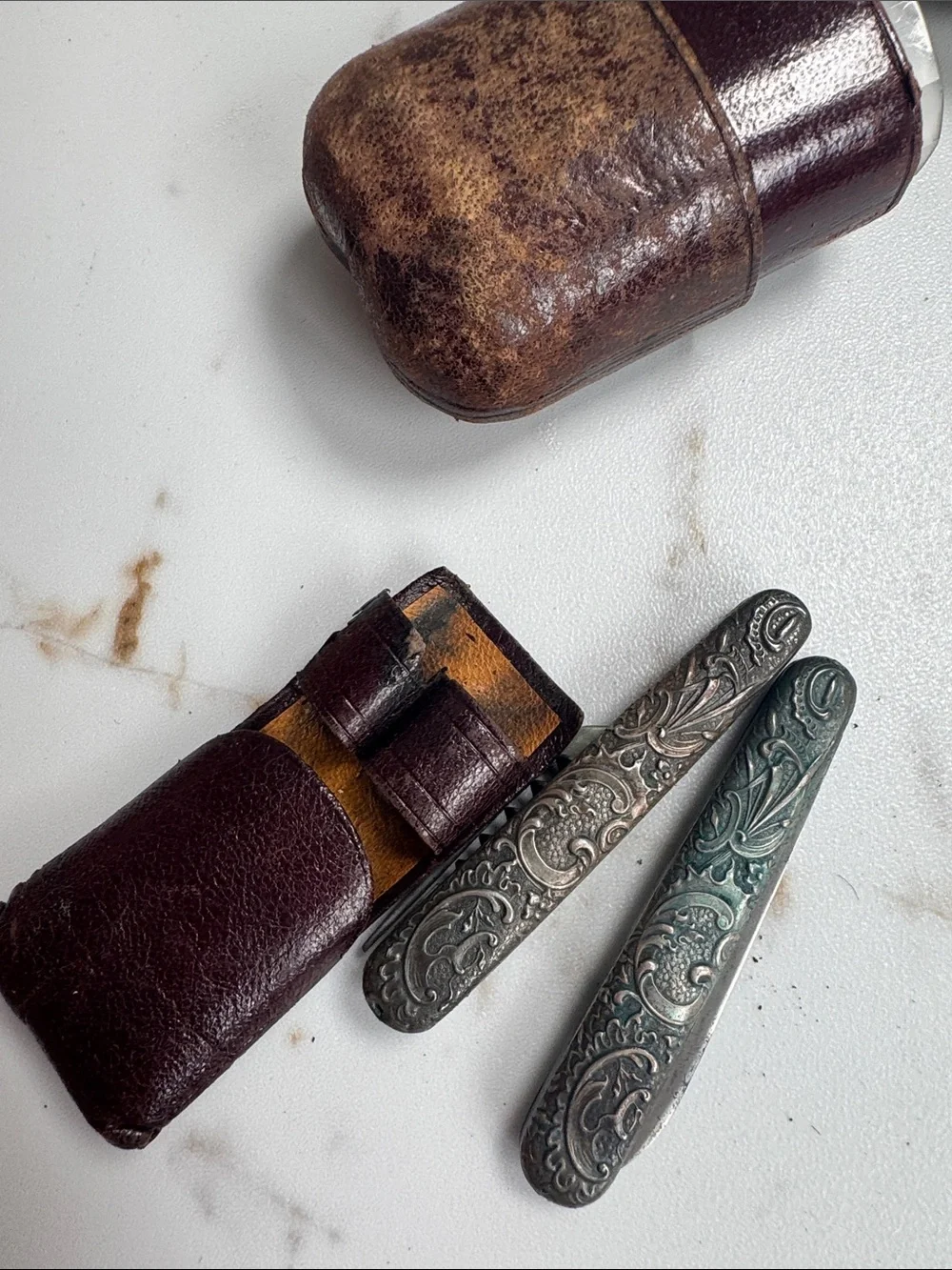 Antique Foldable Travel Fork & Knife Leather Camp Hike Unique Rare